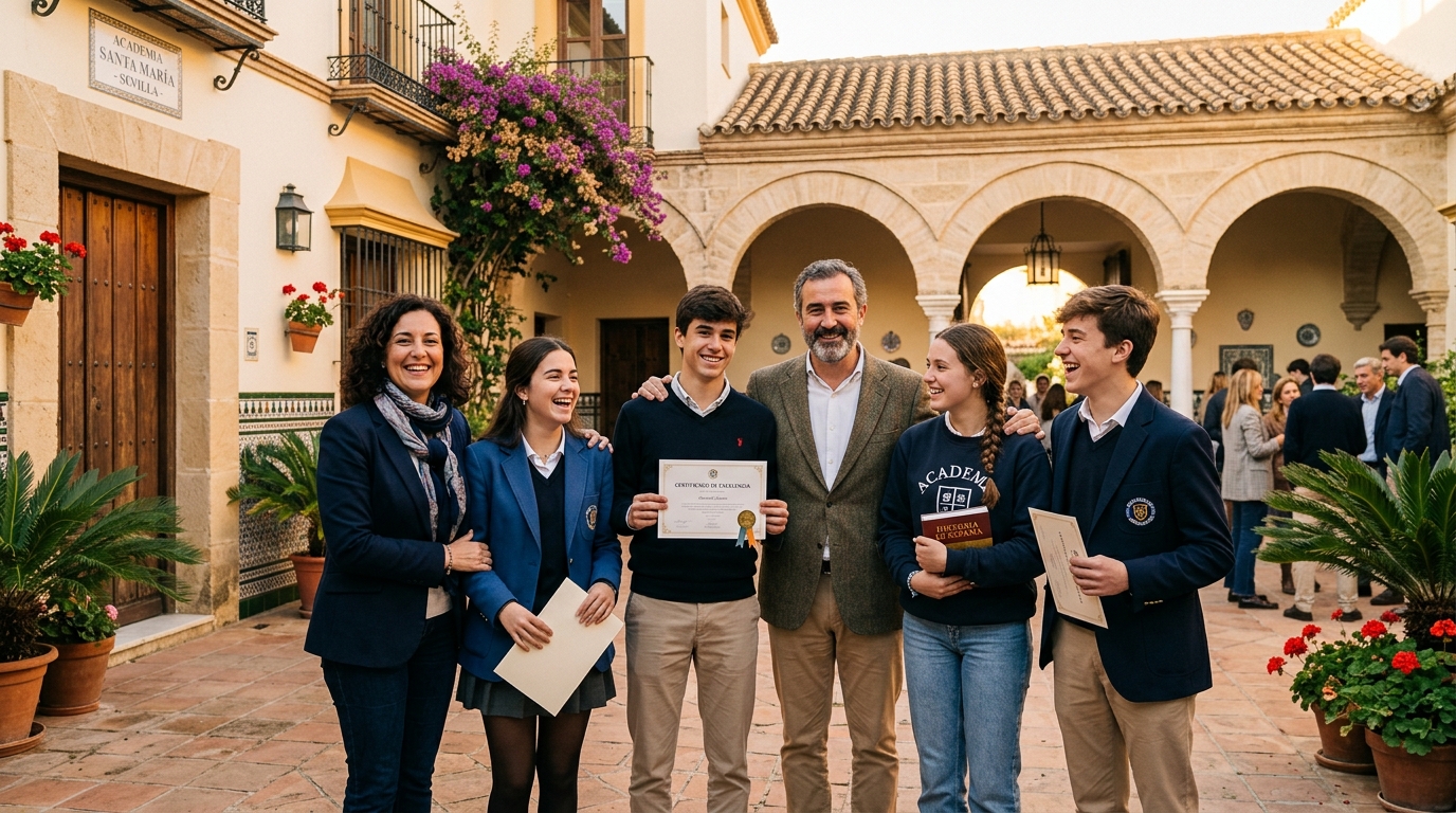 Spanish Academy educators with happy students outside traditional Spanish hacienda courtyard