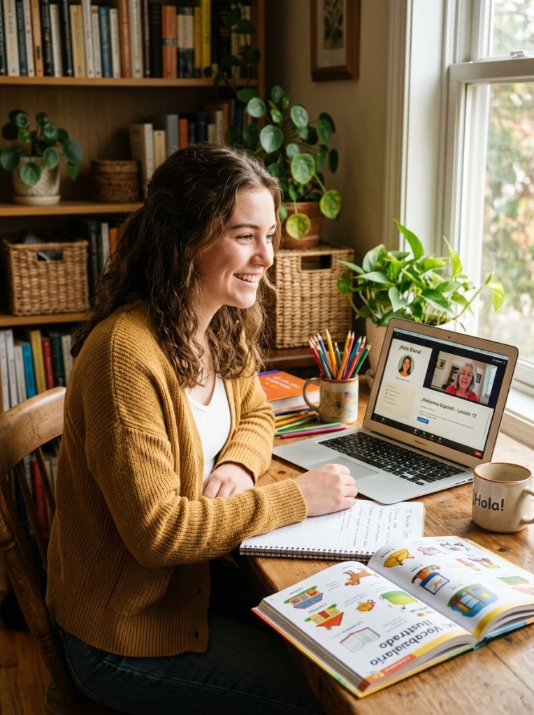 Home educated student engaged in online Spanish lesson with teachers on screen