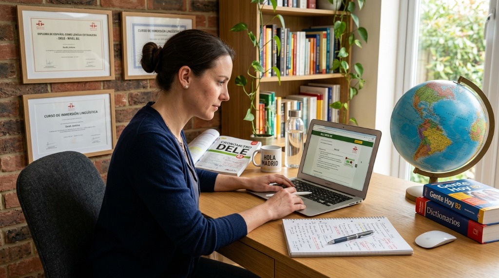 Student studying Spanish online with DELE certification materials and globe on desk